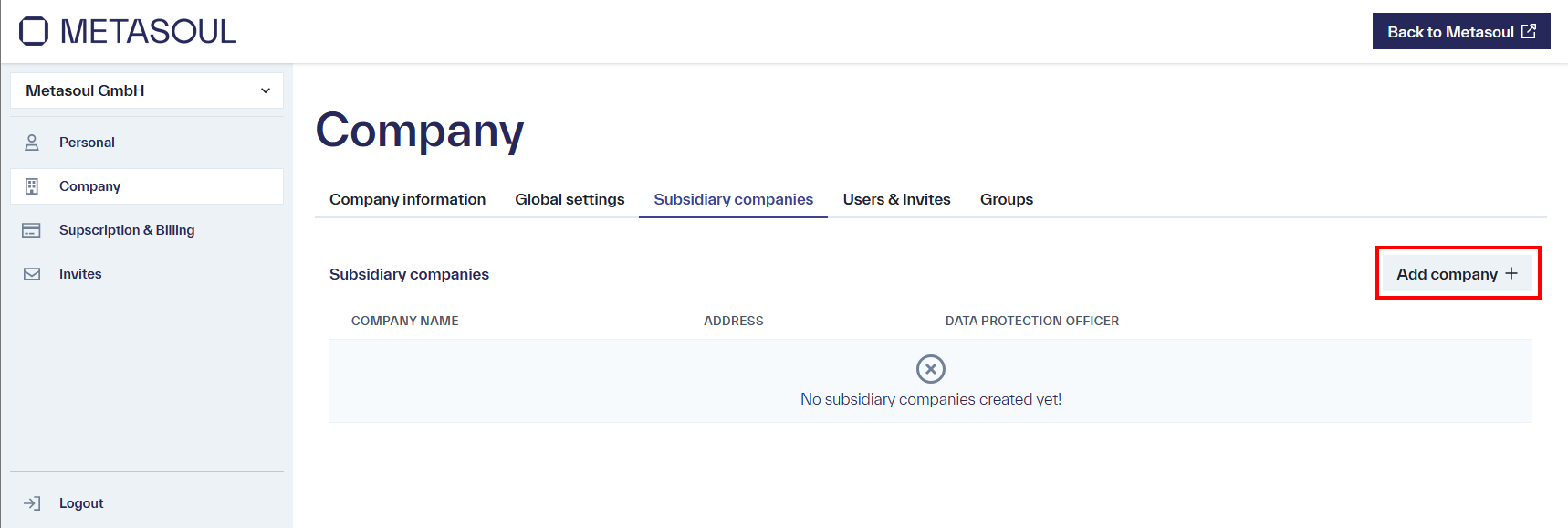 Button labeled &ldquo;Add Company&rdquo; on the &ldquo;Subsidiaries&rdquo; tab of the &ldquo;Company&rdquo; page, located above the &ldquo;Subsidiaries&rdquo; table.