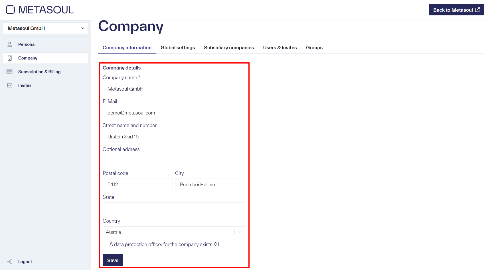 View of the &ldquo;Company Information&rdquo; tab with several input fields: &ldquo;Company Name&rdquo;, &ldquo;Email&rdquo;, &ldquo;Street and House Number&rdquo;, &ldquo;Postal Code&rdquo;, &ldquo;City&rdquo;, &ldquo;State&rdquo;, and &ldquo;Country&rdquo;. At the bottom of the page, there is a button labeled &ldquo;Save&rdquo;.