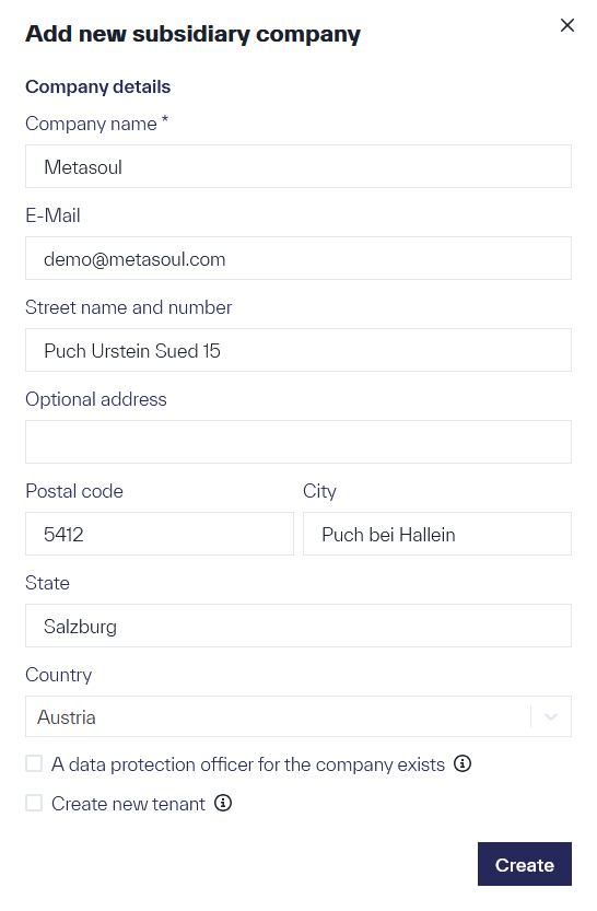 Pop-up window titled &ldquo;Create Subsidiary&rdquo; containing input fields for &ldquo;Company Name,&rdquo; &ldquo;Email,&rdquo; &ldquo;Street and House Number,&rdquo; &ldquo;Address Line 2,&rdquo; &ldquo;Postal Code,&rdquo; &ldquo;City,&rdquo; &ldquo;State/Province,&rdquo; and &ldquo;Country,&rdquo; along with the buttons &ldquo;Create New Tenant&rdquo; and &ldquo;Create.&rdquo;