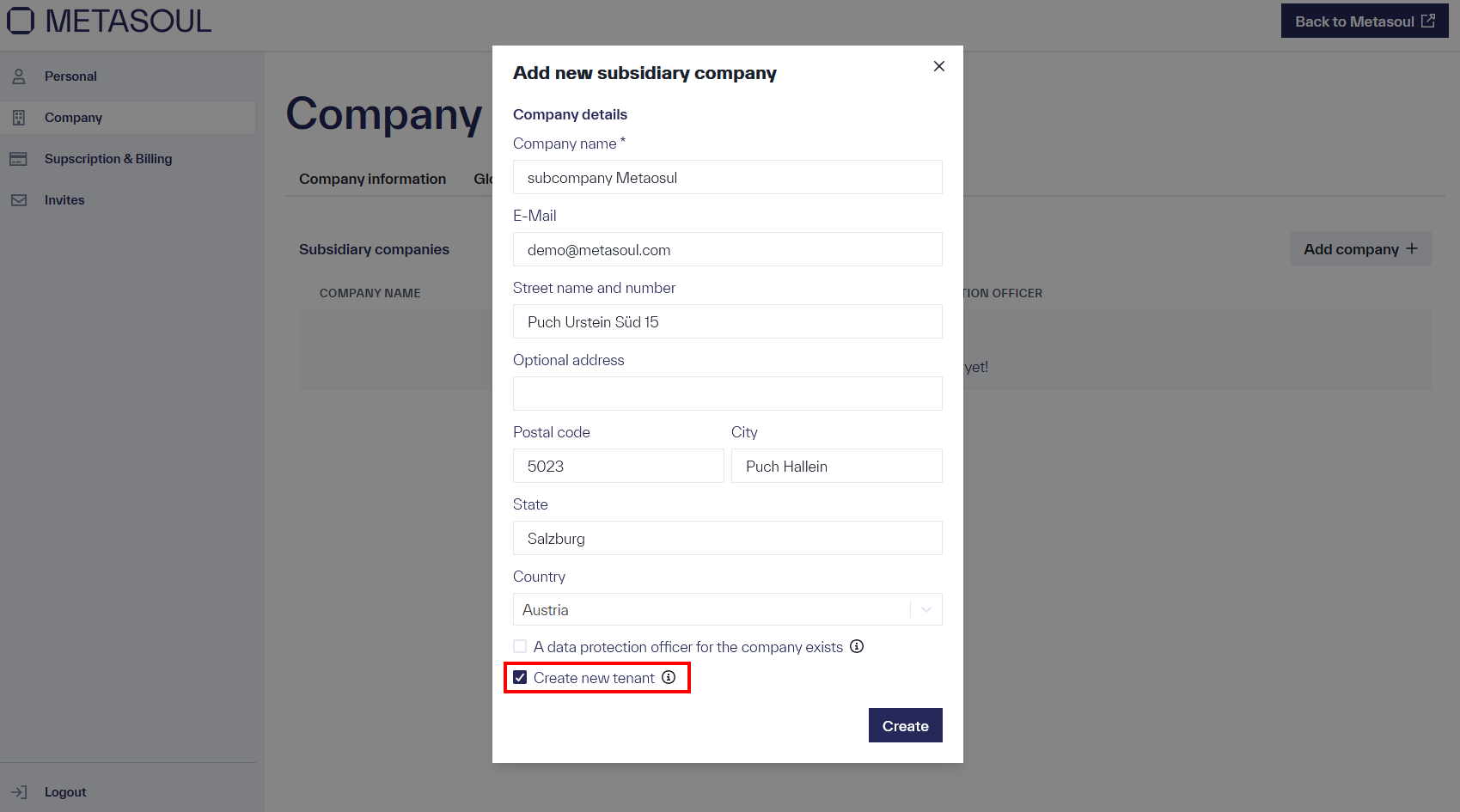 Pop-up window titled “Add new subsidiary Company” with input fields for “Company Name”, “Email”, “Street name and number”, “Optional address”, “Postal Code”, “City”, “State”, and “Country”, as well as the buttons “Create New Tenant” and “Create”.
