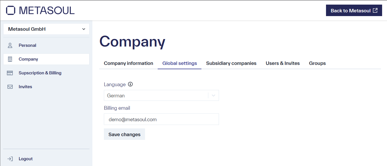 Input field with a dropdown menu for selecting the language, labeled &ldquo;Language&rdquo;, located on the &ldquo;Company&rdquo; page under the &ldquo;Global Settings&rdquo; tab.