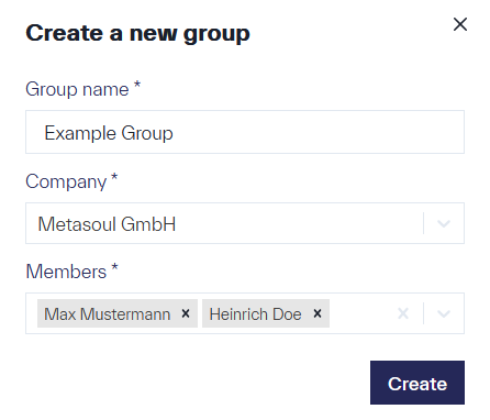A small window in the form of a form titled &ldquo;Create New Group,&rdquo; featuring the input fields &ldquo;Group Name,&rdquo; &ldquo;Company,&rdquo; and &ldquo;Members.&rdquo;