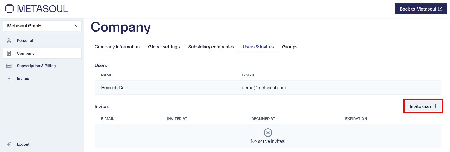 On the &ldquo;Company&rdquo; page, within the &ldquo;Invitations&rdquo; section, a table is displayed with the columns &ldquo;Email,&rdquo; &ldquo;Invited On,&rdquo; &ldquo;Declined On,&rdquo; and &ldquo;Expires.&rdquo; Above the table, the &ldquo;Invite User&rdquo; button is located.