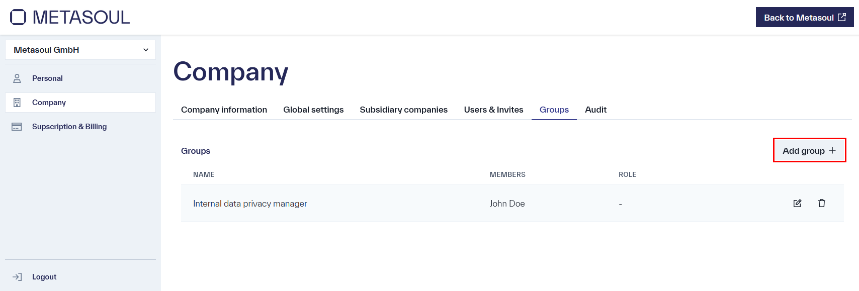 On the &ldquo;Company&rdquo; page, the &ldquo;Groups&rdquo; tab is selected. A table with the columns &ldquo;Name&rdquo;, &ldquo;Members&rdquo;, and &ldquo;Role&rdquo; shows the existing group &ldquo;Data Protection Officer&rdquo; with the member &ldquo;John Doe&rdquo;. In the upper-right corner, the &ldquo;Add group&rdquo; button is highlighted.