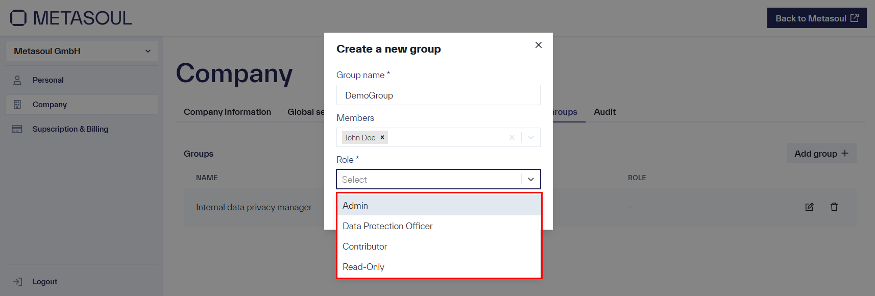 Pop-up window &ldquo;Create New Group&rdquo; with the input fields &ldquo;Group Name&rdquo; and &ldquo;Members&rdquo; as well as the opened &ldquo;Role&rdquo; dropdown. The options &ldquo;Administrator&rdquo;, &ldquo;Data Protection Officer&rdquo;, &ldquo;Contributor&rdquo;, and &ldquo;Read Only&rdquo; are available for selection.