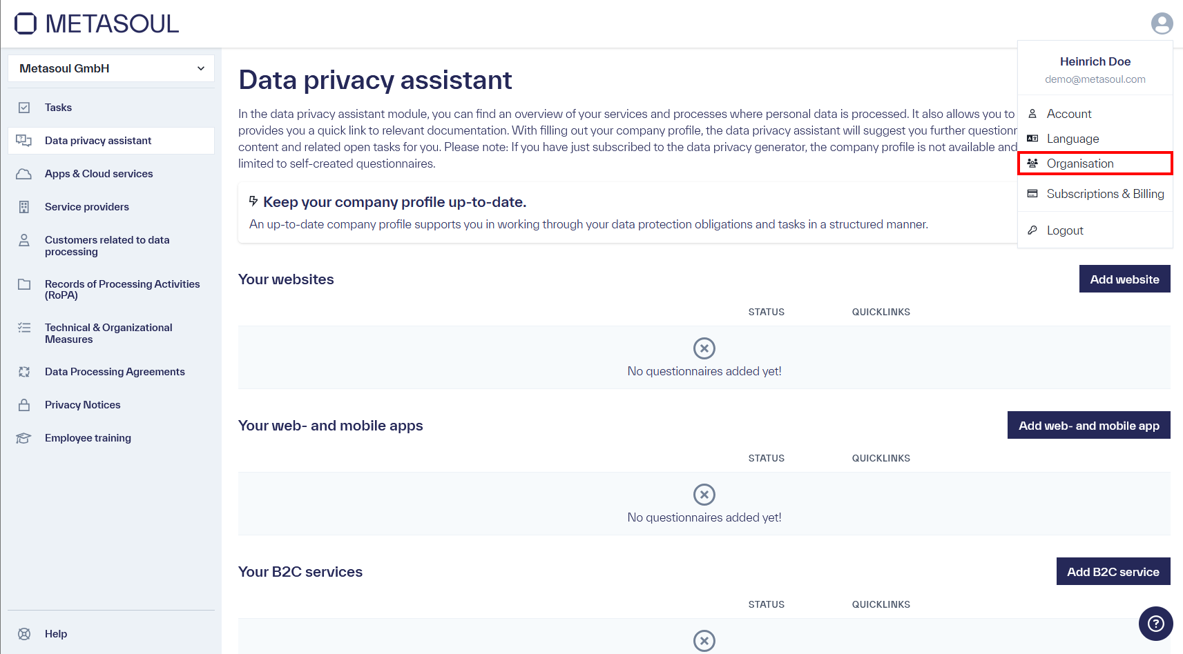 The homepage of the Metasoul platform titled &ldquo;Privacy Assistant&rdquo;. In the upper-right corner, the profile menu is open, displaying the options &ldquo;Account&rdquo;, &ldquo;Language&rdquo;, &ldquo;Organization&rdquo;, &ldquo;Subscription & Payment&rdquo;, and &ldquo;Logout&rdquo;.