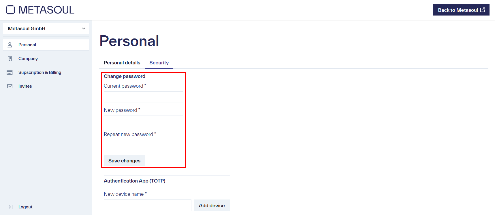 View of the &ldquo;Personal Data&rdquo; page under the &ldquo;Security&rdquo; tab. In the &ldquo;Change Password&rdquo; section, the input fields for &ldquo;Current Password,&rdquo; &ldquo;New Password,&rdquo; and &ldquo;Confirm New Password&rdquo; are visible, along with the button labeled &ldquo;Save Changes.&rdquo;