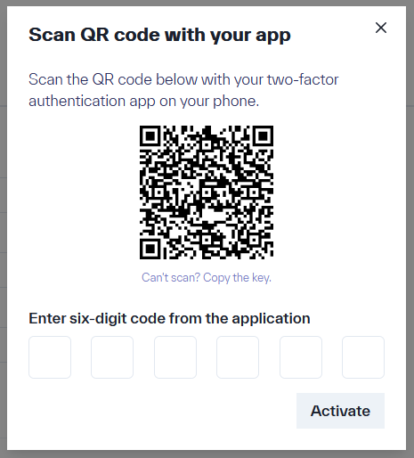 Pop-up window for setting up the authentication app, displaying a QR code. Below the QR code, there is a hyperlink with the text &ldquo;Can&rsquo;t scan? Copy the key.&rdquo; At the bottom of the window, the prompt &ldquo;Enter the six-digit code from the app&rdquo; appears above an input field for the six-digit code.