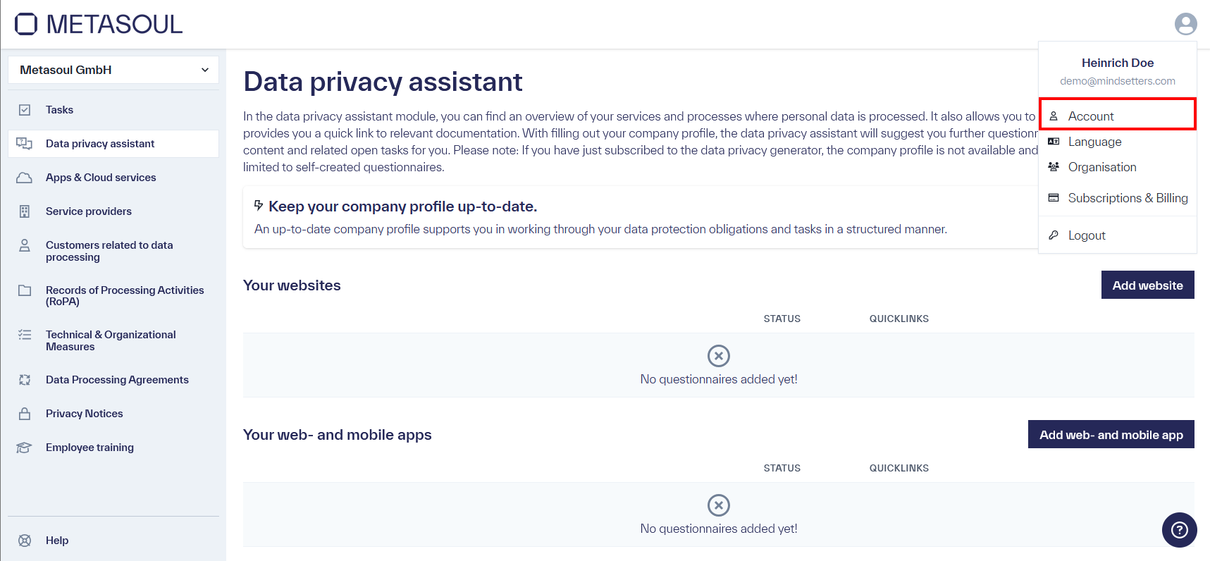 Homepage of the Metasoul platform titled &ldquo;Privacy Assistant.&rdquo; In the top-right corner, the profile menu is open, displaying the options &ldquo;Account,&rdquo; &ldquo;Language,&rdquo; &ldquo;Organization,&rdquo; &ldquo;Subscription & Payment,&rdquo; and &ldquo;Logout.&rdquo;