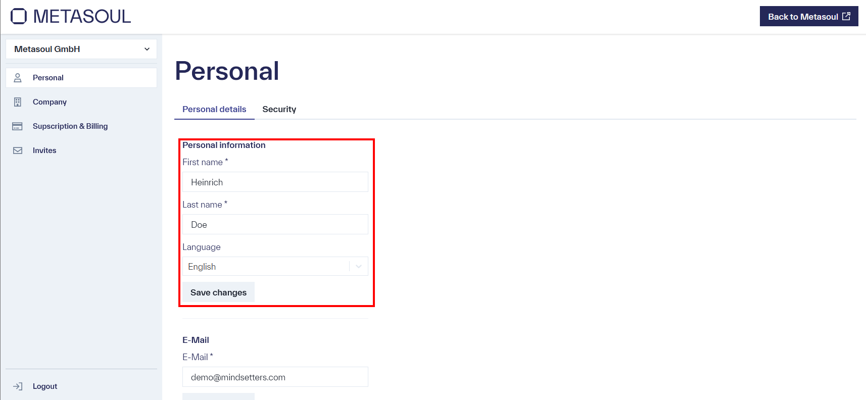 Website titled &ldquo;Personal Data.&rdquo; In the central section, there is a segment labeled &ldquo;Personal Information,&rdquo; containing input fields for &ldquo;First Name,&rdquo; &ldquo;Last Name,&rdquo; and &ldquo;Language.&rdquo; Below this, there is a button labeled &ldquo;Save Changes.&rdquo;
