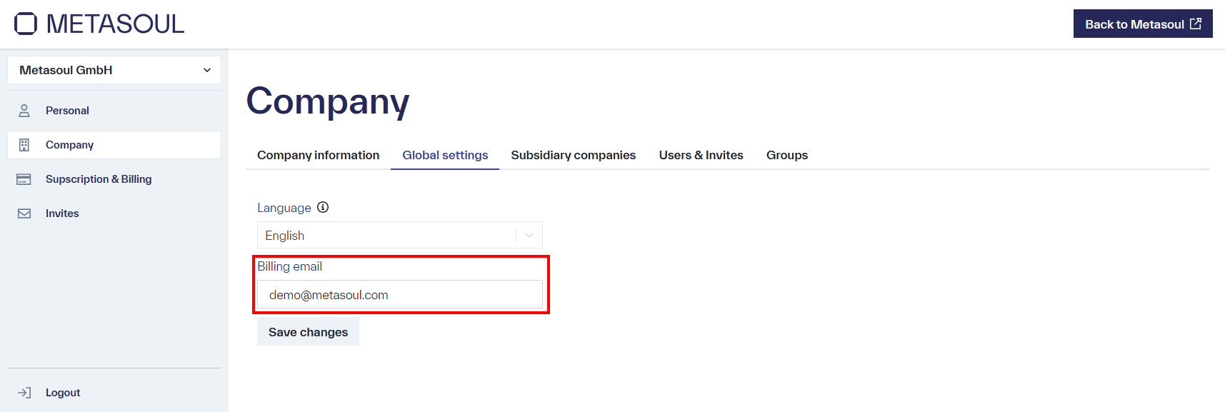 On the “Company” settings page, under the “Global Settings” tab, there is an input field labeled “Email for Billing,” with a “Save Changes” button located below it.