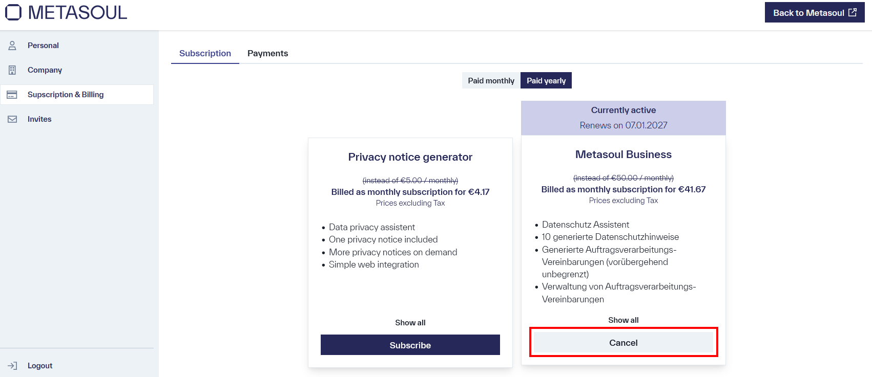 The image displays two subscription options: the first option, &ldquo;Metasoul Business €68.33/month,&rdquo; is currently active and includes the buttons &ldquo;Show all&rdquo; and &ldquo;Cancel.&rdquo; The second option, &ldquo;Data notice generator €8.33/month,&rdquo; provides the buttons &ldquo;Show all&rdquo; and &ldquo;Subscribe.&rdquo;
