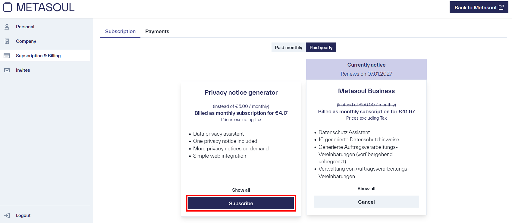 View of the &ldquo;Subscriptions & Billing&rdquo; page, displaying two subscription options, with one currently active.