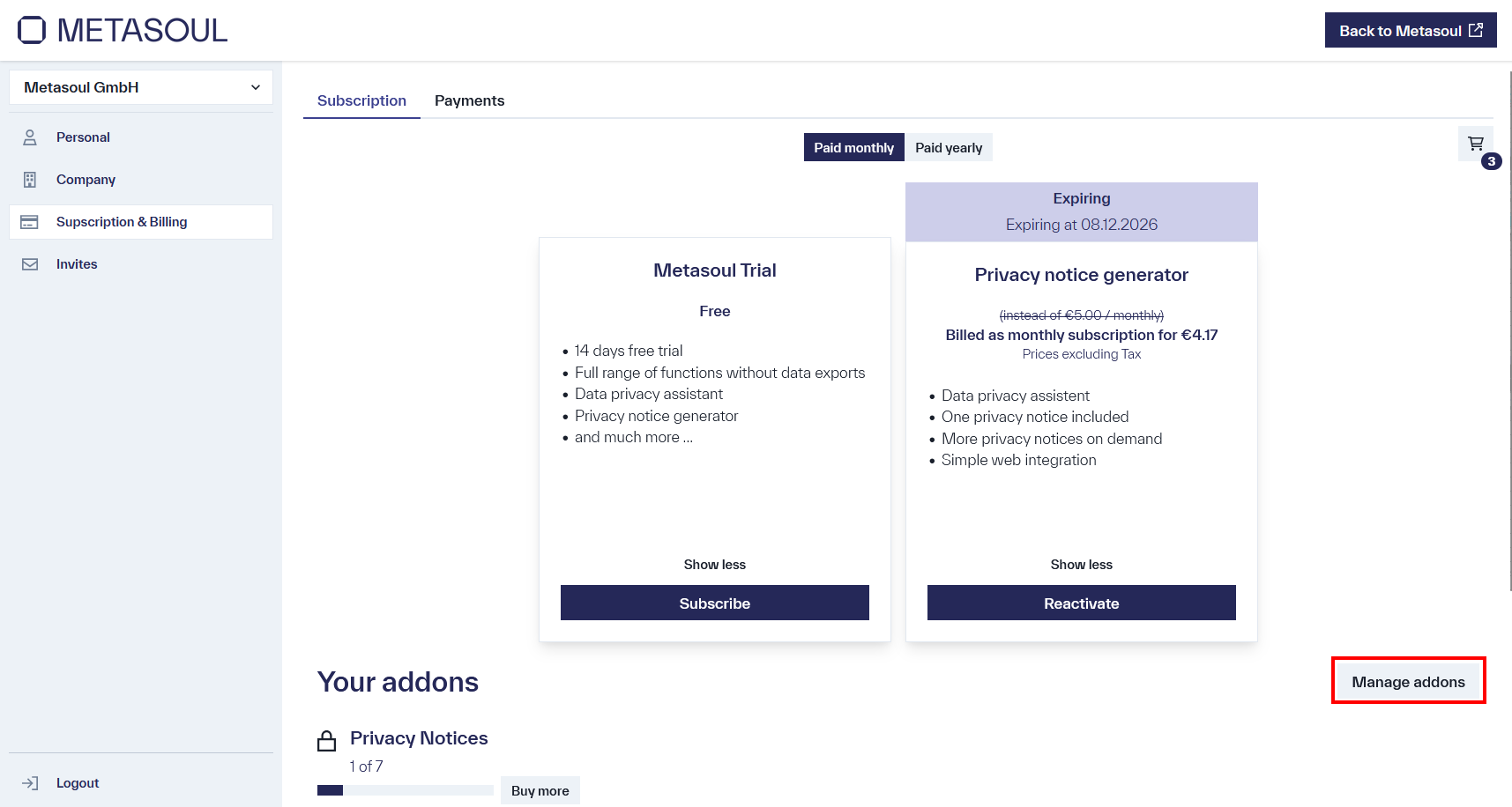 Lower section of the &ldquo;Subscription & Payments&rdquo; page, displaying the &ldquo;Your Addons&rdquo; section with the options &ldquo;Manage Addons&rdquo; and &ldquo;Buy more.&rdquo;
