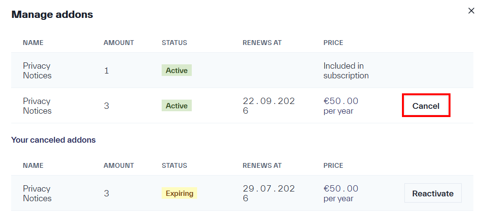 A table displaying the purchased extensions, with a “Cancel” option located next to each extension.
