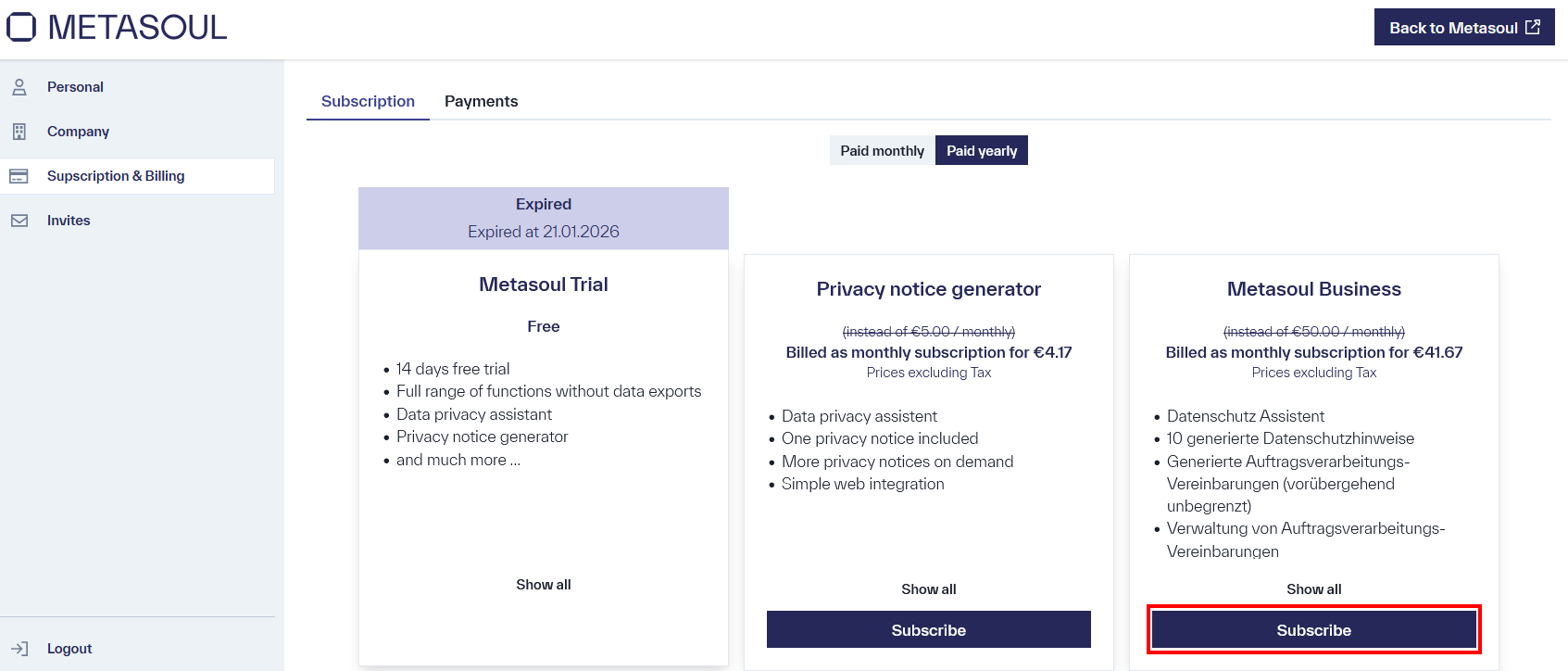 Display of three subscription options: an expiring trial version and two paid plans, “Datenschutzhinweis generator” and “Metasoul Business,” with options to subscribe.