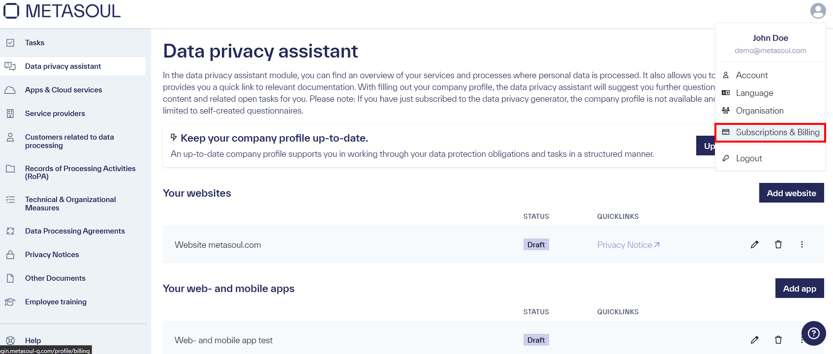 Metasoul platform homepage with the title “Data privacy assistant.” In the upper right area, the profile menu is open, displaying the options “Account,” “Language,” “Organisation,” “Subscription & Billing,” and “Logout.”