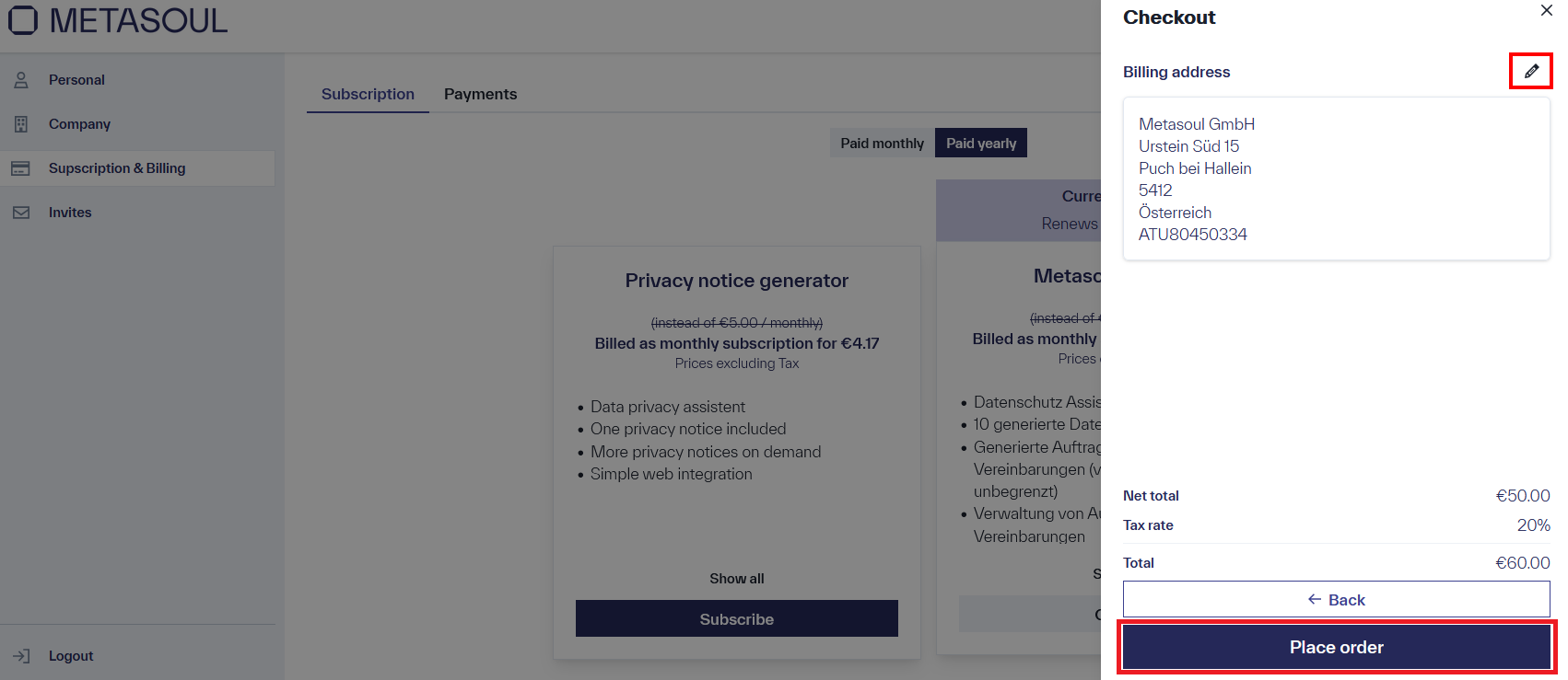 Payment menu with editable billing address as well as display of net price, tax rate, and total amount, including the option “Place order”