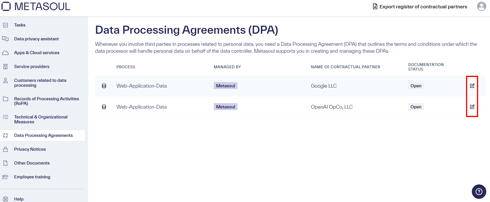 Homepage of the &ldquo;Data Processing Agreements (DPA)&rdquo; module with two entries for the same process