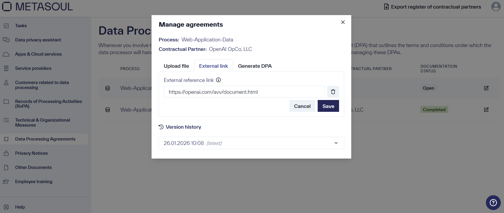 The “External link” option of the Data Processing Agreement, along with the two other options: “Upload file” and “Generate DPA”.
