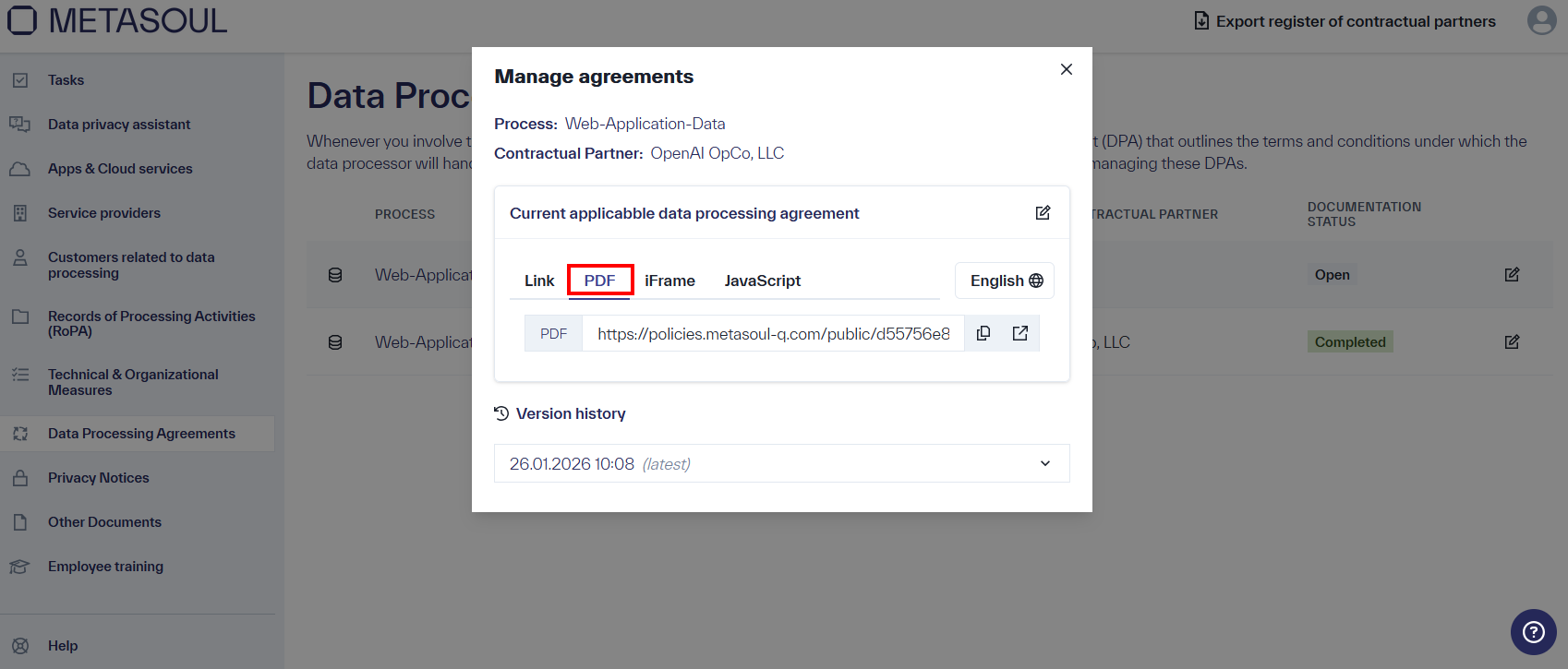 Window “Manage agreements” with the option to share or embed the generated DPA as “Link,” “PDF,” “iFrame,” or “JavaScript.”