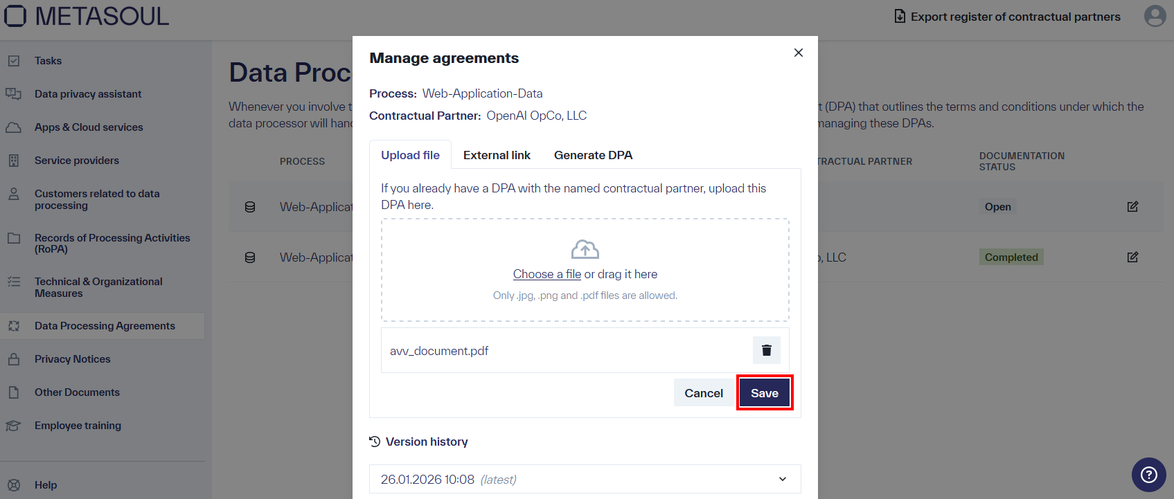 The “Upload file” option of the Data Processing Agreement, along with the two other options: “External link” and “Generate DPA”.