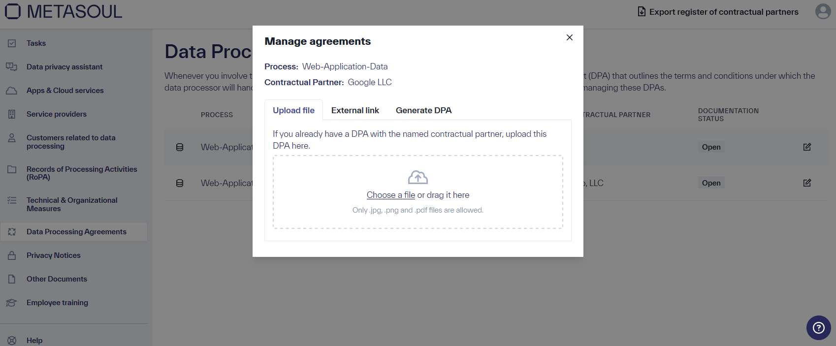“Manage Data Processing Agreements” window with a tab menu consisting of three options: “Upload file,” “External link,” and “Generate DPA”