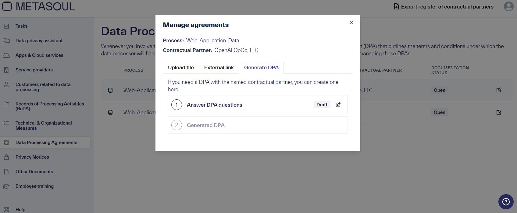 “Manage agreements” window with the selected tab “Generate DPA,” showing the option “Answer the DPA questions”