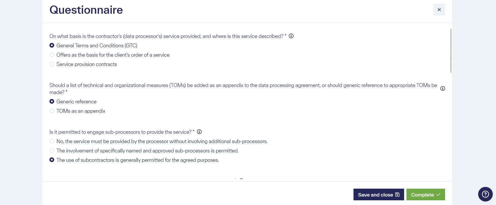 A questionnaire with Yes/No answers and text fields for responding to the questions