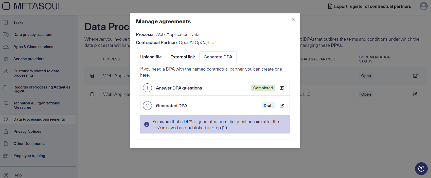 Manage Data Processing Agreements window with the “Generate DPA” tab selected, showing the “Answer the DPA questions” option with status “Completed” and the “Generated DPA” option with status “Draft”