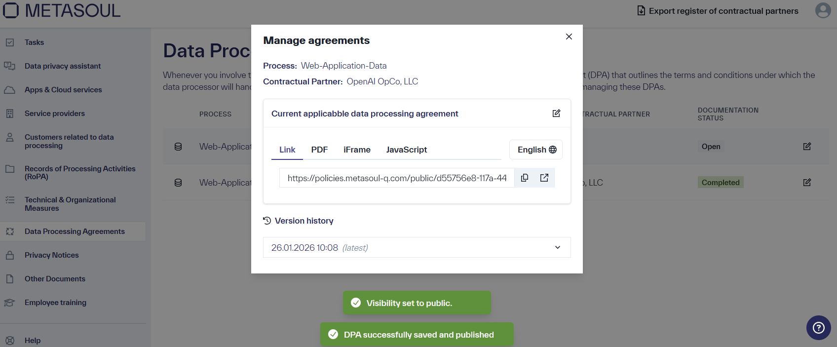 Window &ldquo;Manage Auftragsverarbeitungsvereinungen&rdquo; with options to share the AVV via &ldquo;Link,&rdquo; &ldquo;PDF,&rdquo; &ldquo;iFrame,&rdquo; and &ldquo;JavaScript.&rdquo;