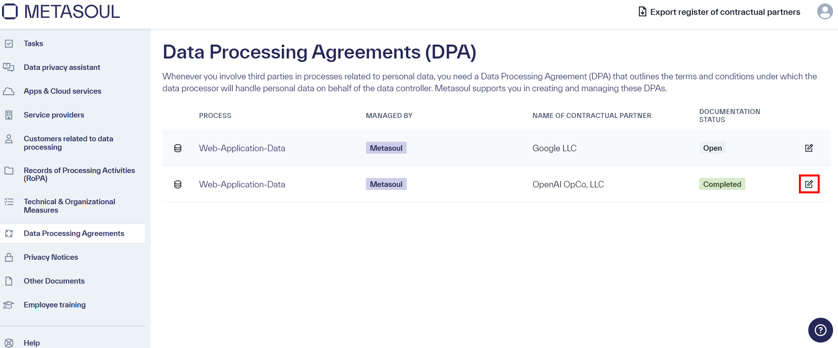 Homepage of the &ldquo;Data Processing Agreements (DPA)&rdquo; module with one entry