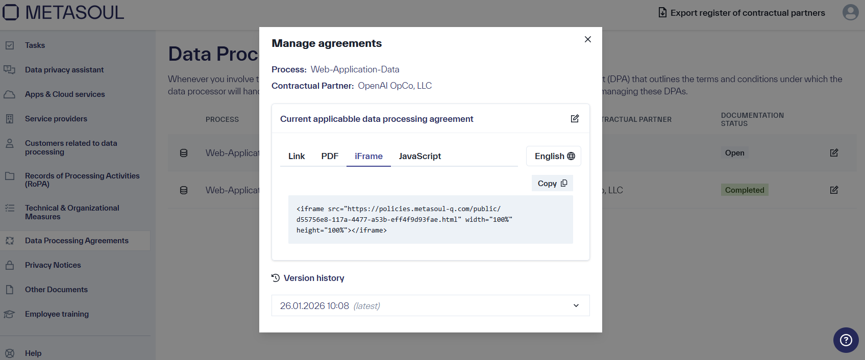 Window &ldquo;Manage agreements&rdquo; with options to share the DPA via Link, PDF, iFrame, or JavaScript; iFrame is selected, displaying HTML code with a copy function.