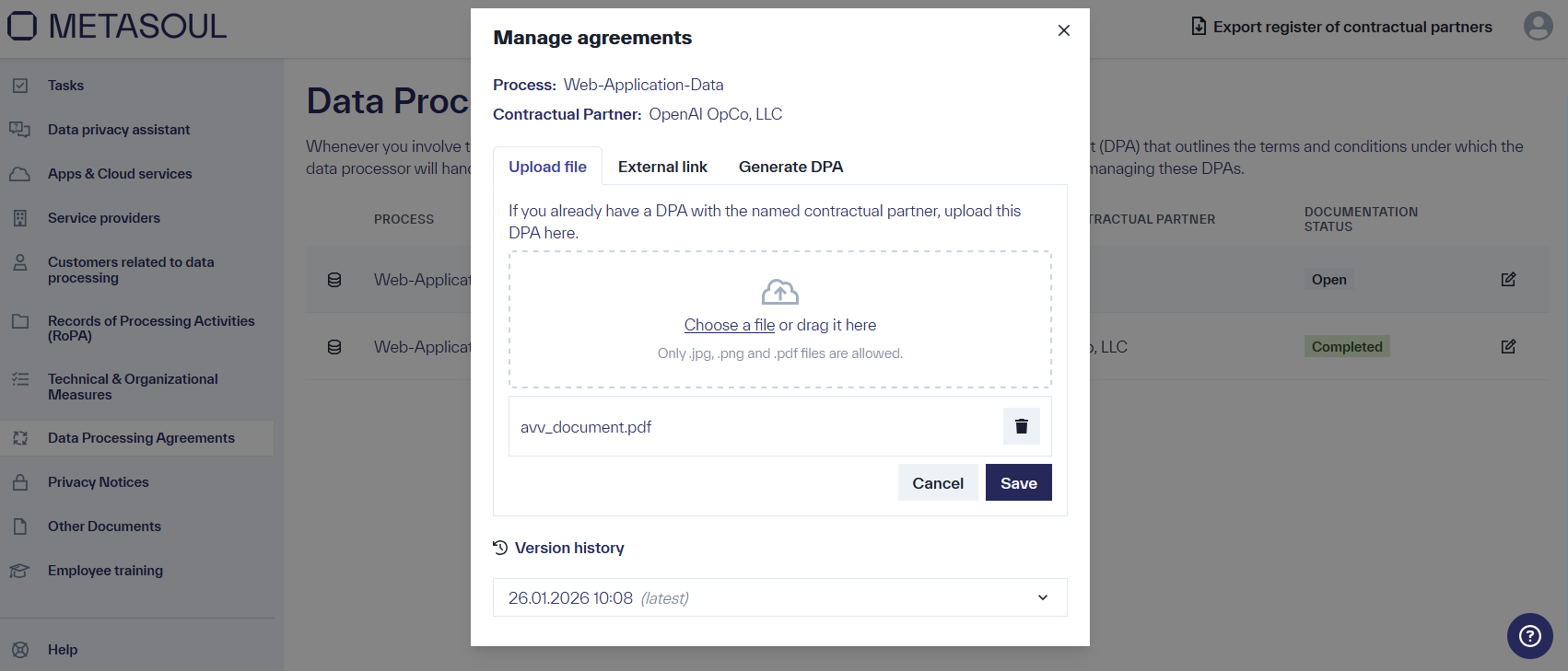 File upload of the Data Processing Agreement along with the two other options: “External link” and “Generate DPA”.