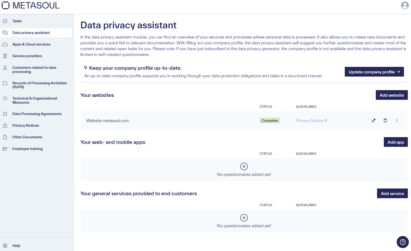 Homepage of the “Data privacy assistant” module displaying several entries.