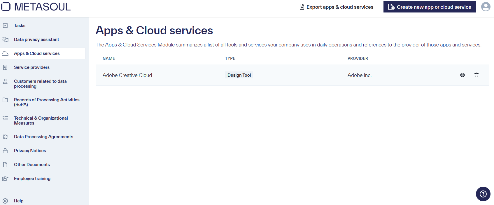 Homepage of the module &ldquo;Apps & Cloud services&rdquo; with a example entry