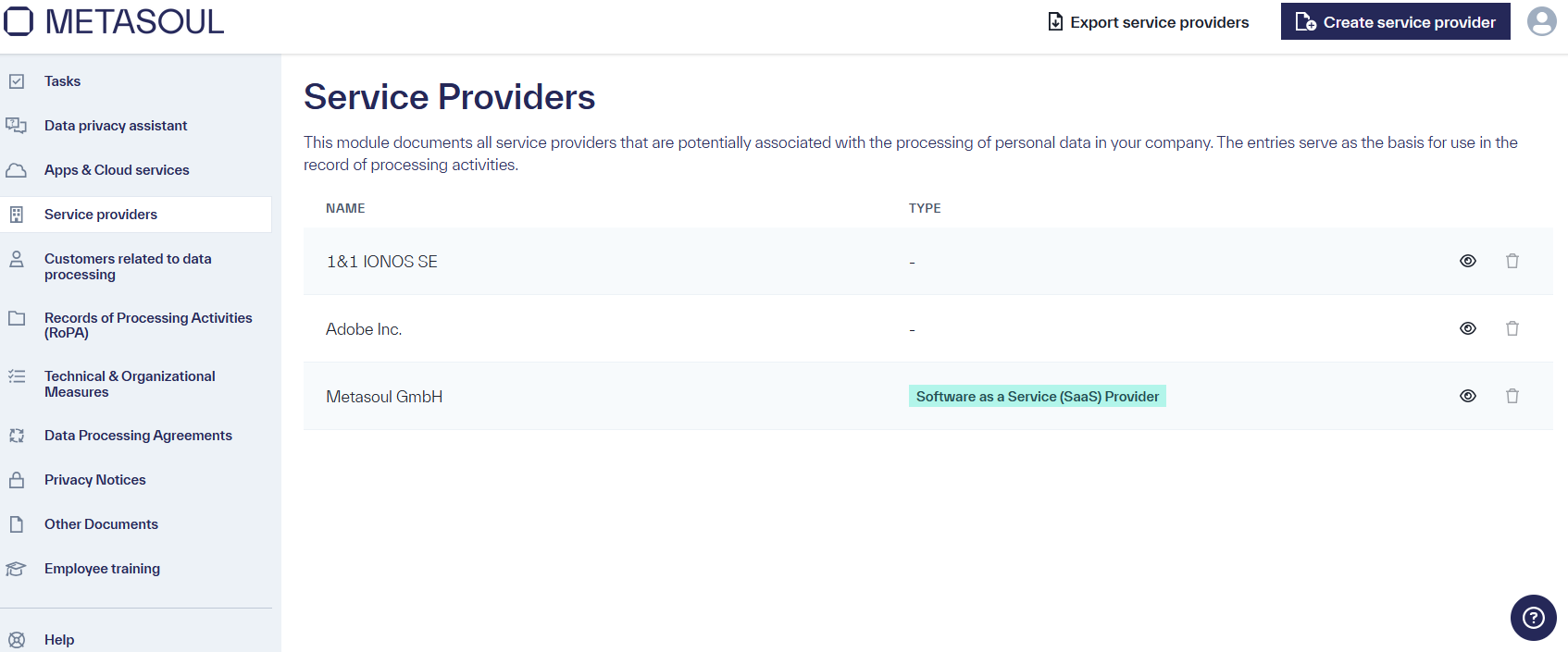 Homepage of the module &ldquo;Service Providers&rdquo; with three entries