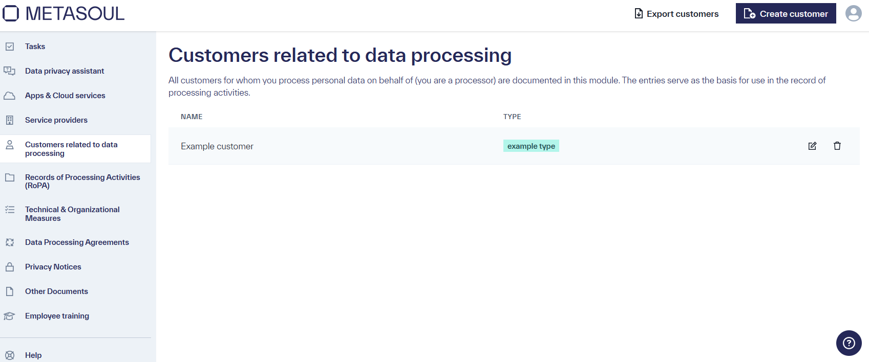 Homepage of the module &ldquo;Customers related to data processing&rdquo; with a example entry