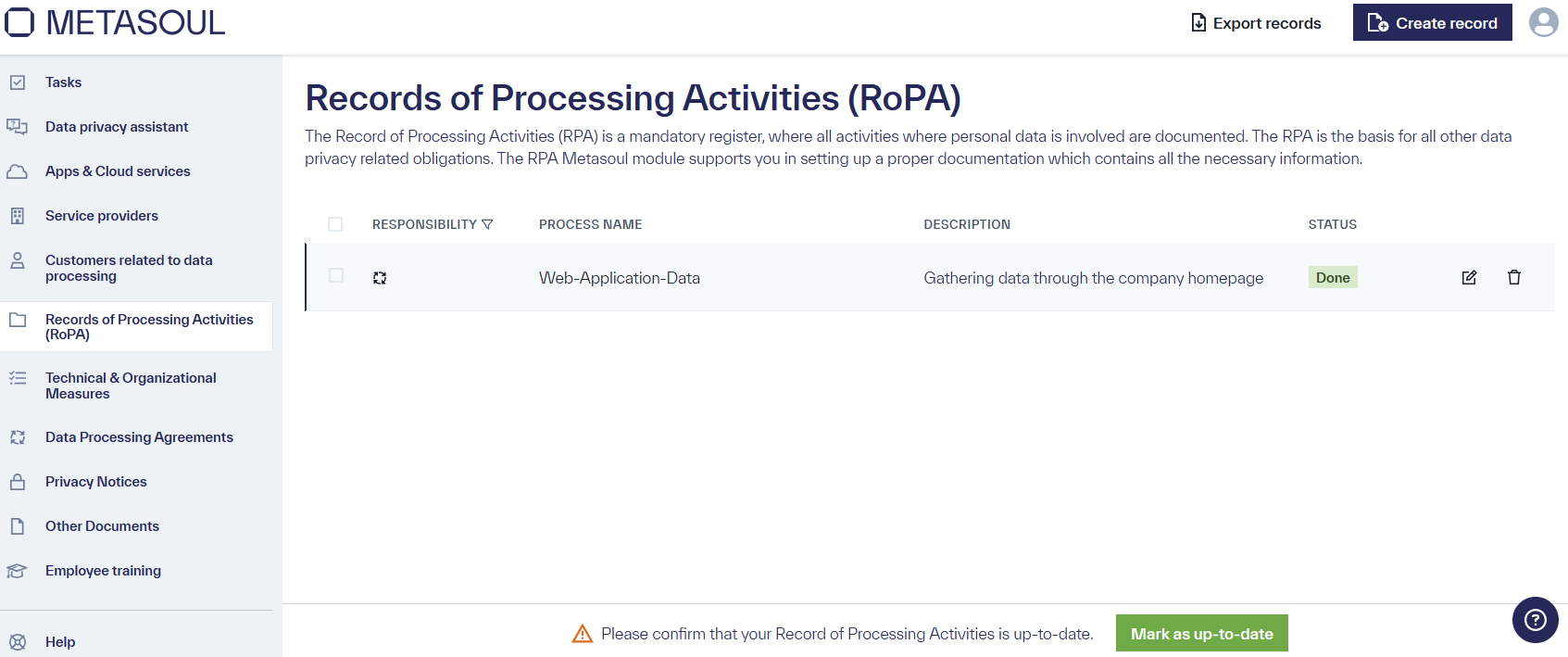 Homepage of the module &ldquo;Records of Processign Activities&rdquo; with a entry in the table