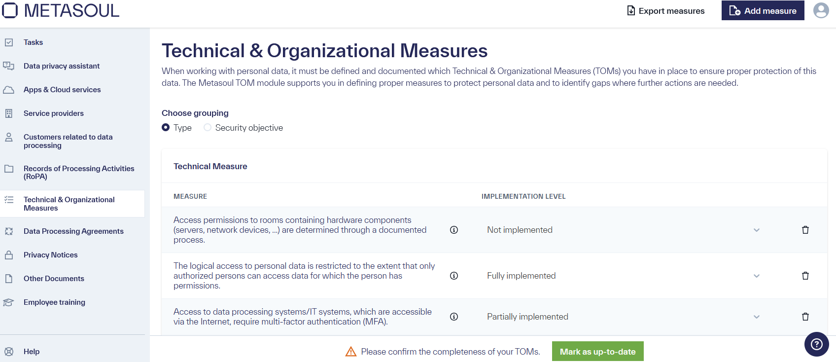 Homepage of the module &ldquo;Technical & Organizational Measures&rdquo; with the Option to choose a grouping type
