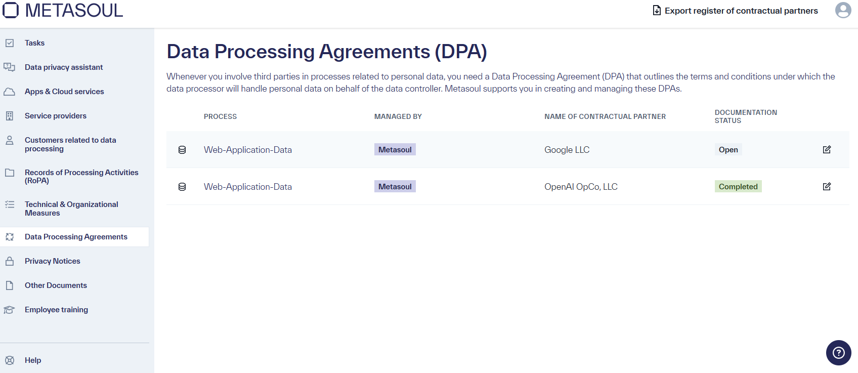 Homepage of the module &ldquo;Data Processing Argreements (DPA)&rdquo; with two entries