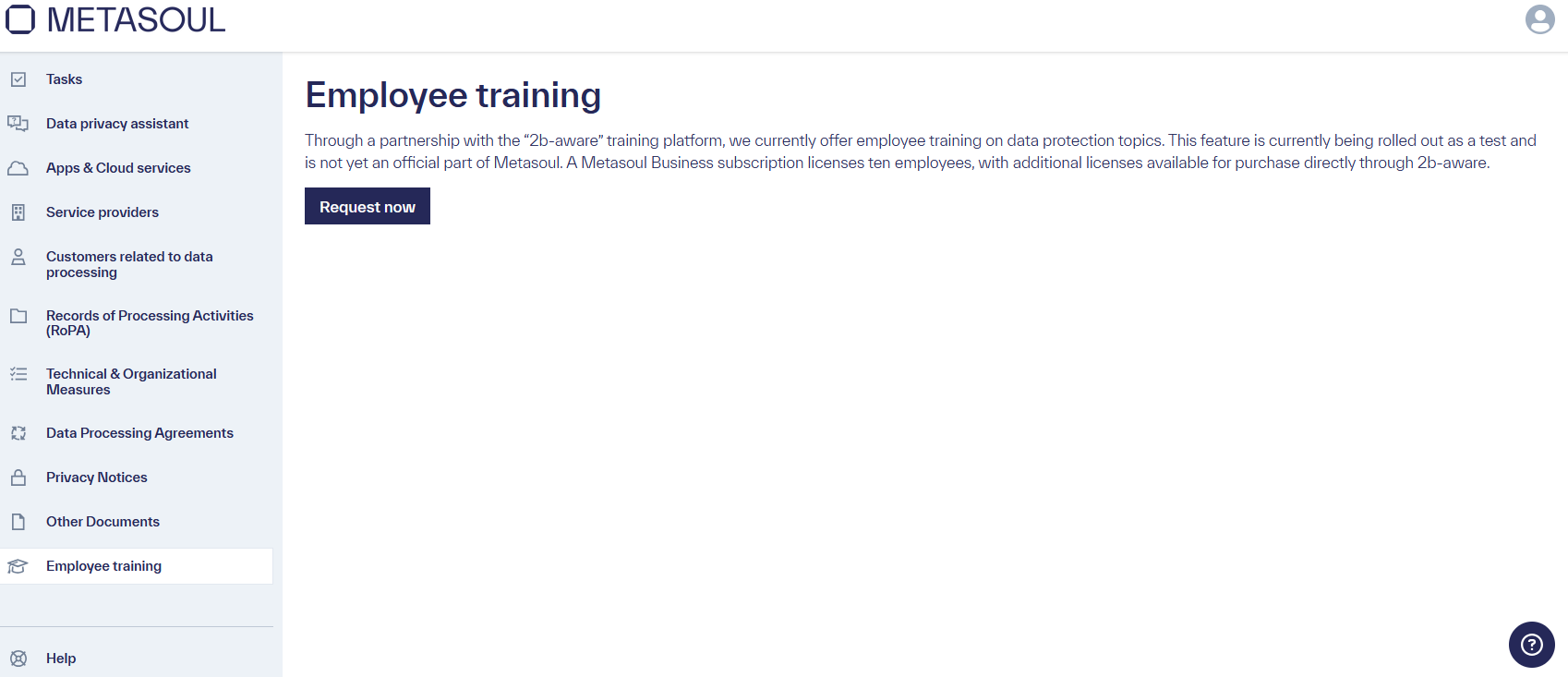 Homepage of the &ldquo;Employee training&rdquo; module with the &ldquo;Request now&rdquo; option