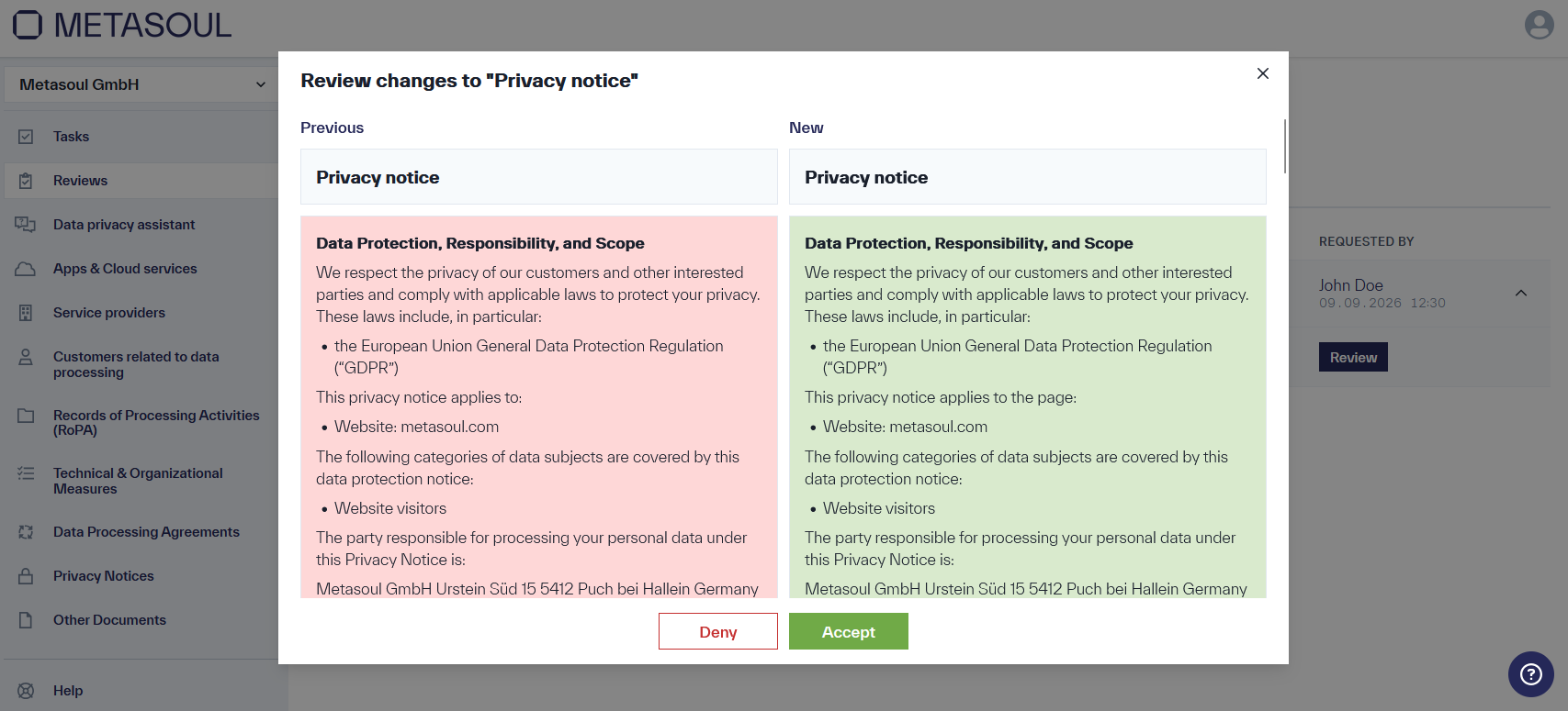 Pop-up window &ldquo;Review changes to document&rdquo; with a side-by-side comparison of the &ldquo;Previous&rdquo; and &ldquo;New&rdquo; columns, along with the &ldquo;Deny&rdquo; and &ldquo;Accept&rdquo; buttons