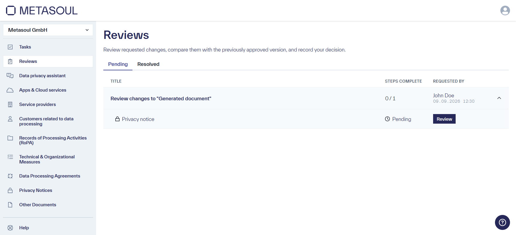 PLACEHOLDER: Expanded entry under the &ldquo;Pending&rdquo; tab showing the sub-items for the affected documents, each with a status and a &ldquo;Review&rdquo; button