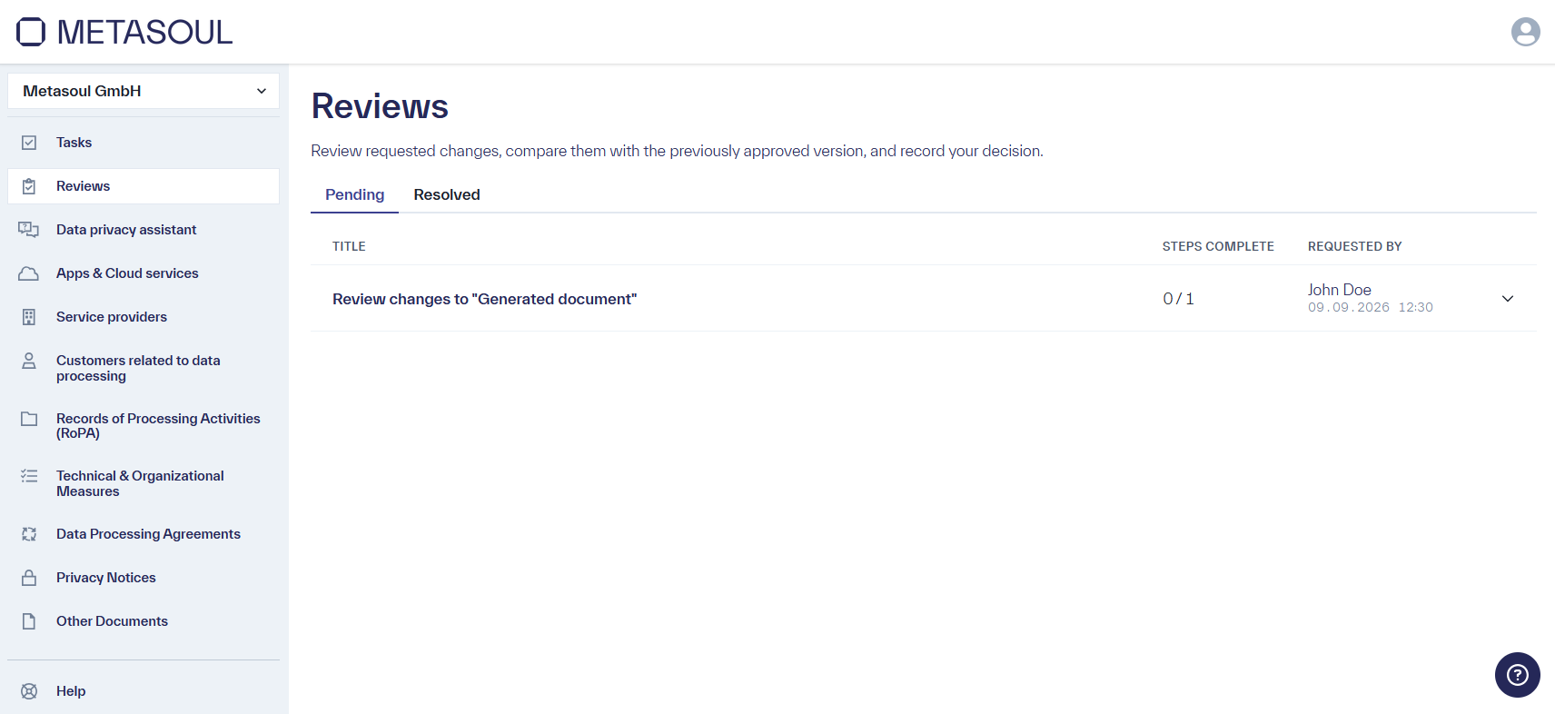 Start page of the &ldquo;Reviews&rdquo; module with the &ldquo;Reviews&rdquo; menu item highlighted in the left-hand navigation menu, as well as the &ldquo;Pending&rdquo; and &ldquo;Resolved&rdquo; tabs