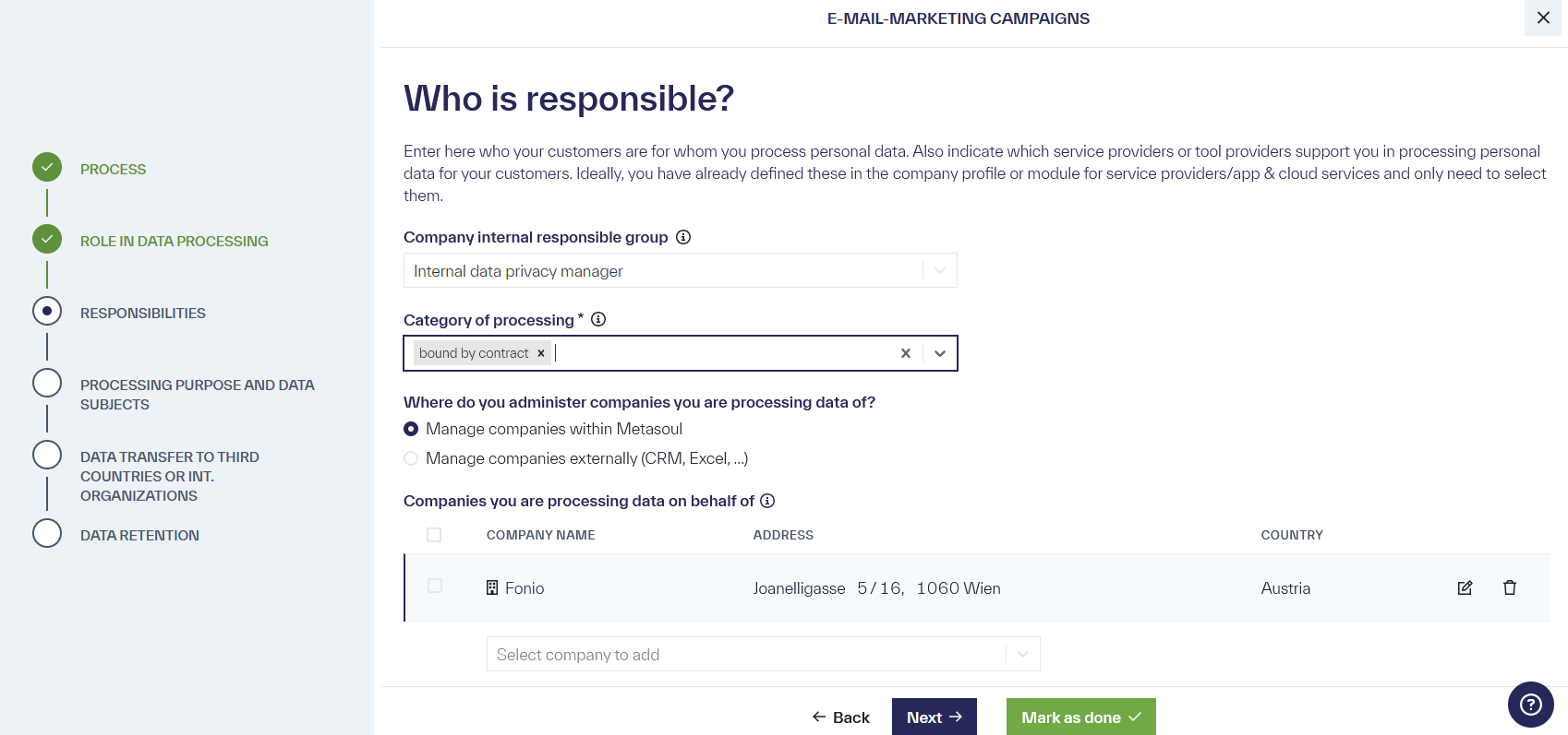 &ldquo;Who is responsible&rdquo; as the page title with the options &ldquo;Company internal responsible group&rdquo;, &ldquo;Category of processing&rdquo;, and &ldquo;Companies you are processing data on behalf&rdquo;.