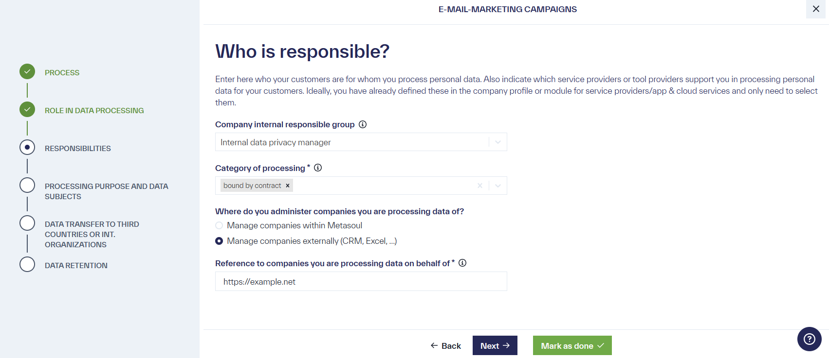 &ldquo;Who is responsible&rdquo; as the page title with the options &ldquo;Company internal responsible group&rdquo;, &ldquo;Category of processing&rdquo;, and &ldquo;Companies you are processing data on behalf&rdquo;.