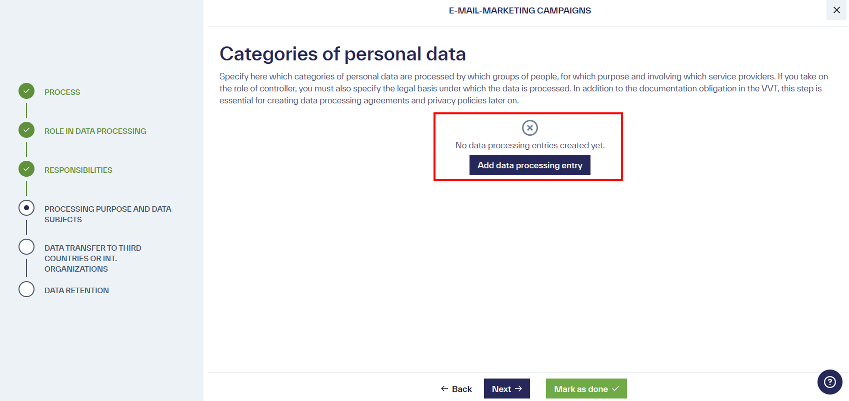 Title &ldquo;Categories of Personal Data&rdquo; of the page with the option &ldquo;Add Processing Entry&rdquo;.