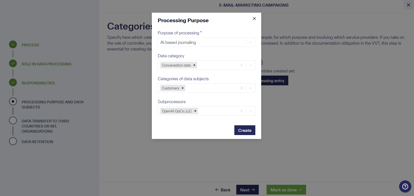 A small menu titled &ldquo;Data Processing&rdquo; is displayed, containing the options &ldquo;Purpose of processing&rdquo;, &ldquo;Data category&rdquo;, &ldquo;Categories of data subjects&rdquo; and &ldquo;Subprocessors&rdquo;, each equipped with a drop-down menu. The &ldquo;Create&rdquo; button is also visible.