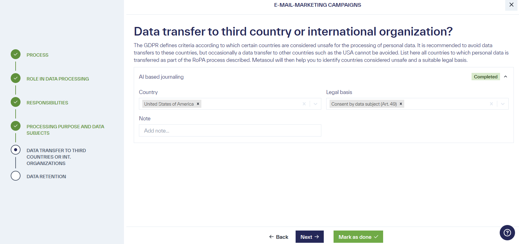 Page titled &ldquo;Data Transfer to Third Countries or International Organisations?&rdquo; with the entry &ldquo;AI based journaling&rdquo;, which contains several fillable options.